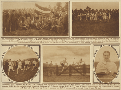 870778 Collage van 5 foto's betreffende de wedstrijden georganiseerd door de Utrechtsche Athletiek Vereeniging 'Hellas'.